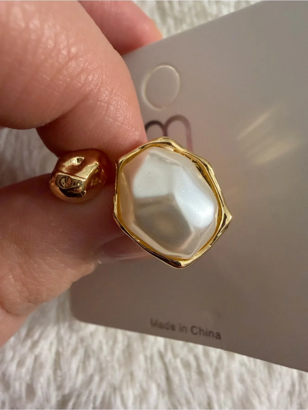 Gold Pearl Statement Ring - White Pearl Accent - Picture 1 of 2